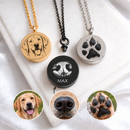 Collar de urna de cremación con retrato de mascota para cenizas.