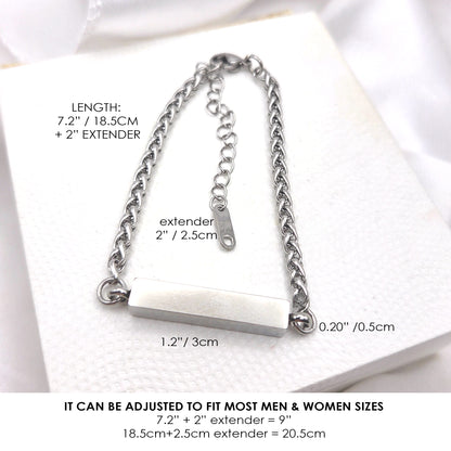 Custom engraved bar urn bracelet for ashes.