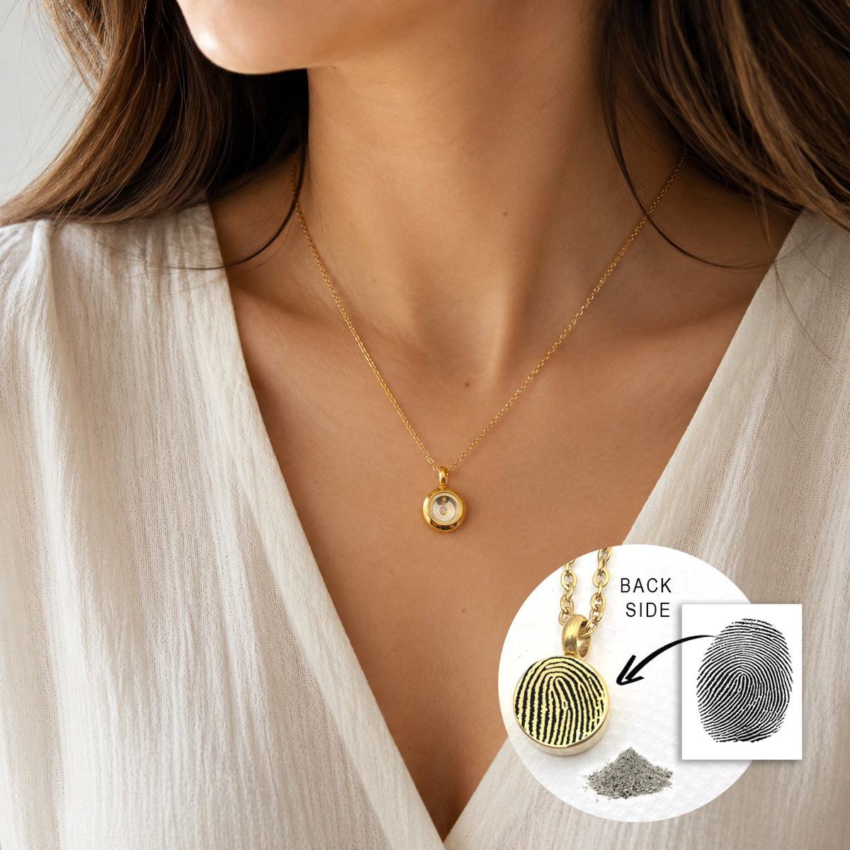 Heart glass urn necklace for ashes, engraved with custom fingerprint
