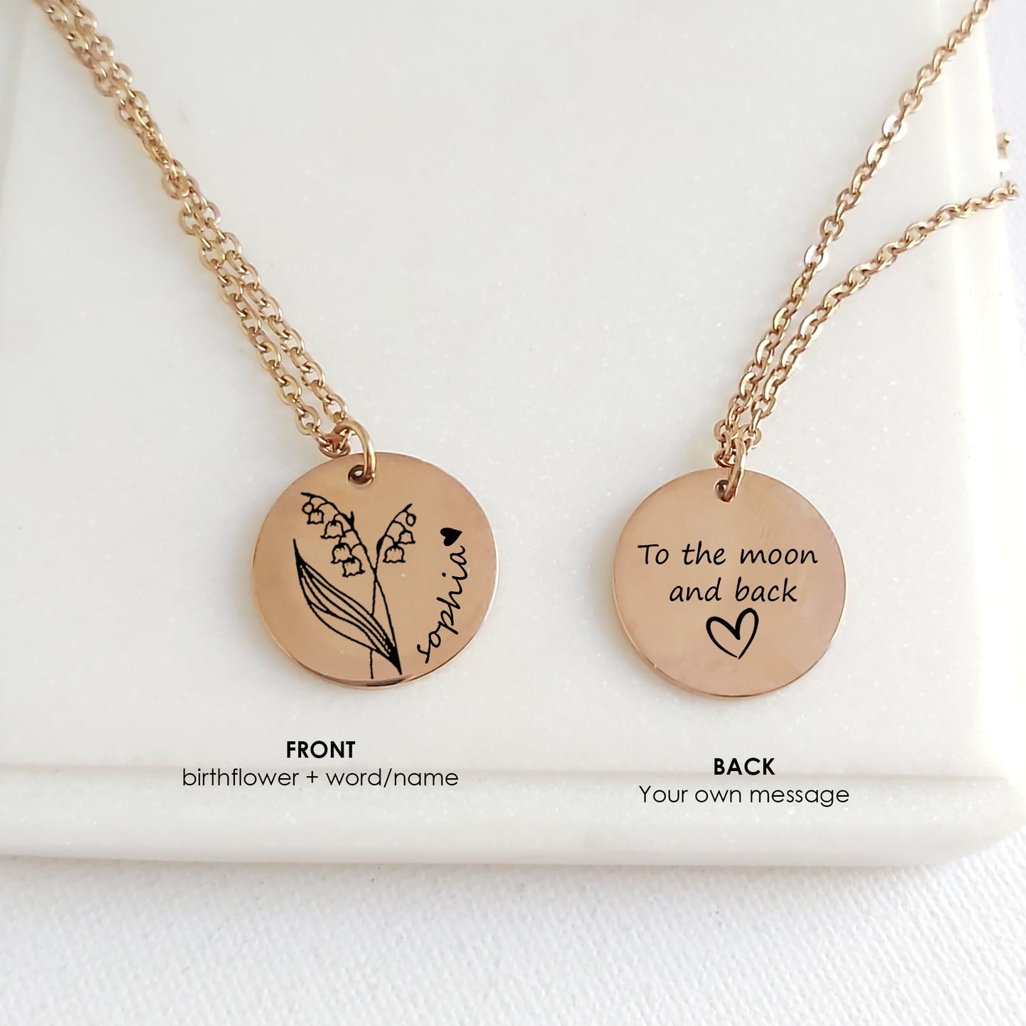 Personalized birth flower necklace with name.