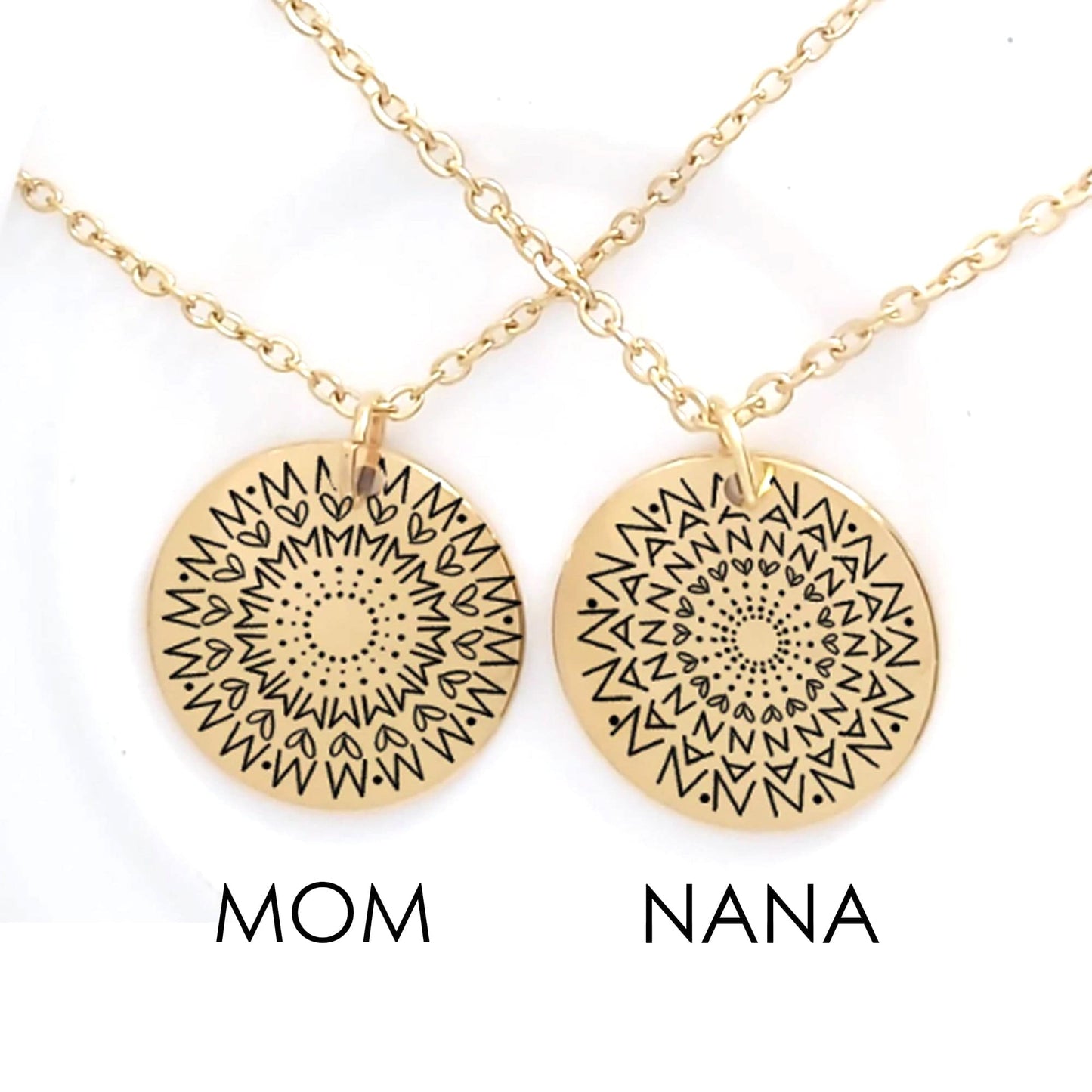 Two gold necklaces with mandala designs labeled 'Mom' and 'Nana' on a white background.