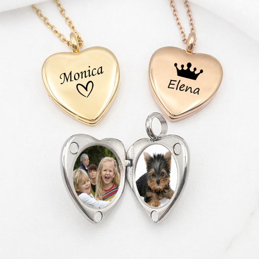 Heart-shaped locket with photos and two heart-shaped pendants with engraved names on a white background
