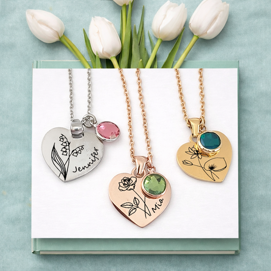 Birthday Bloom - Personalized birth flower heart necklace.