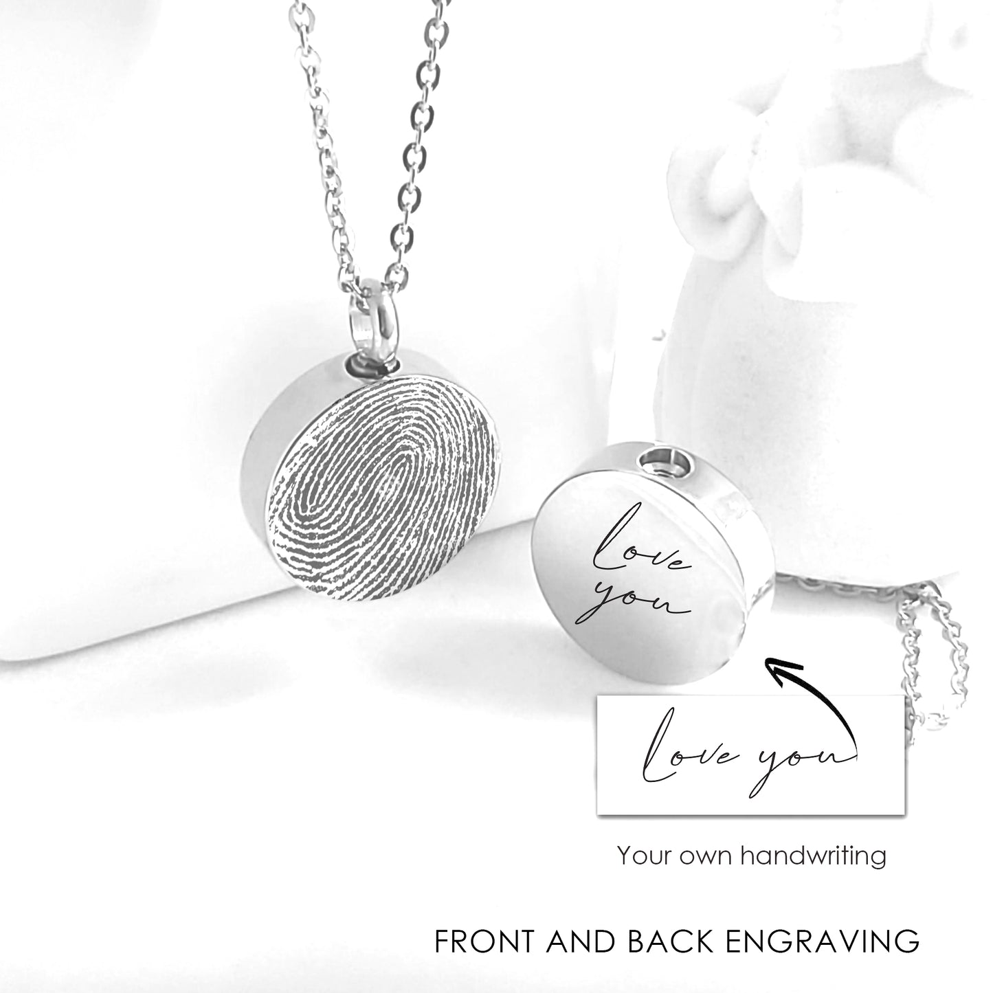 Round urn necklace for ashes, engraved with custom fingerprint
