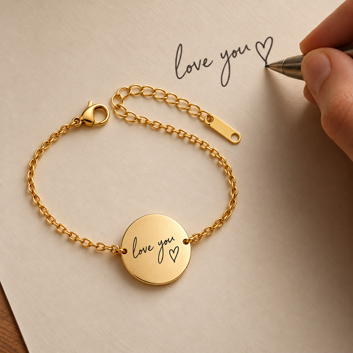Pulsera de monedas con escritura a mano real