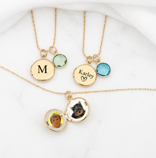 mini round tiny gold locket with names or initials and birthstone, with two photos