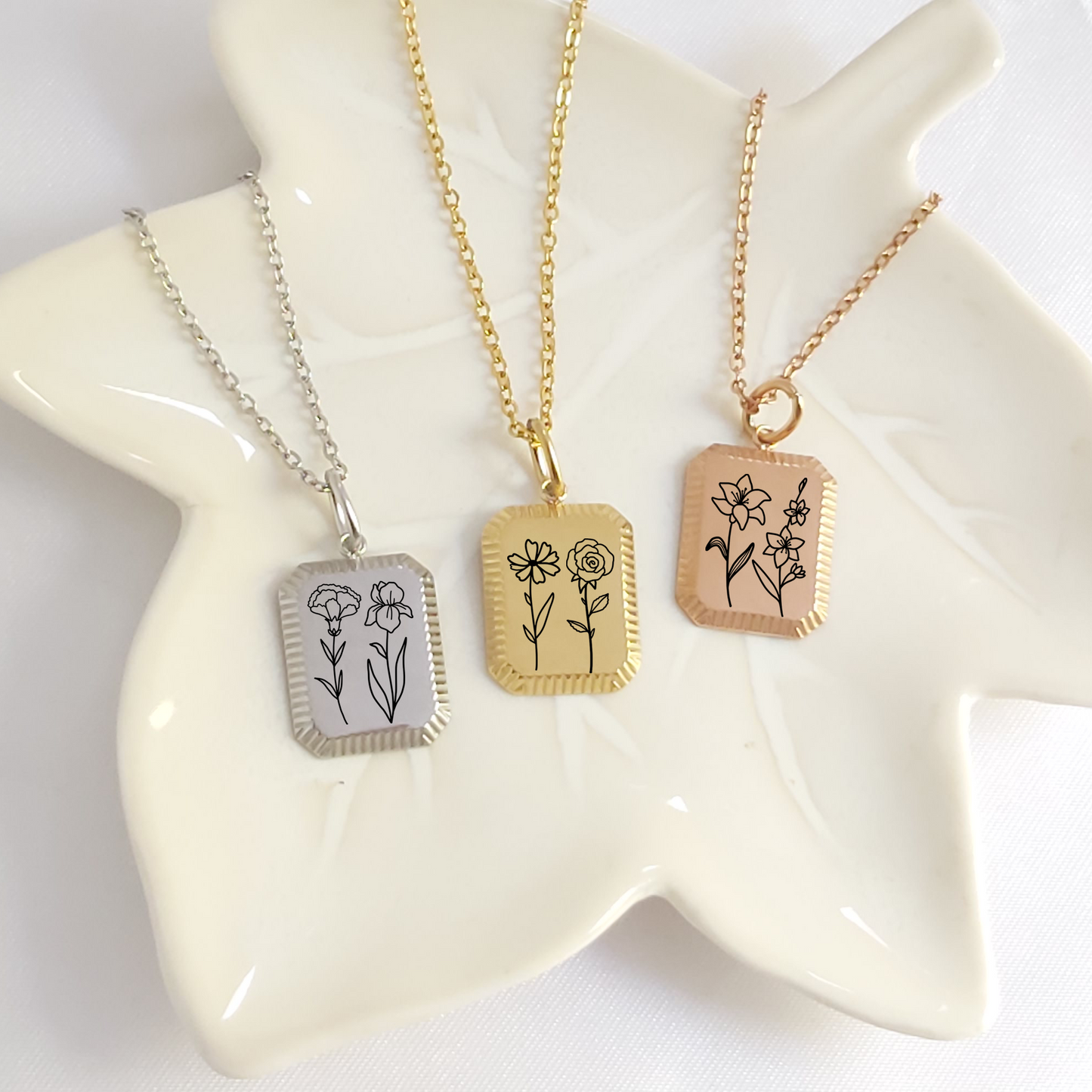 Personalized combined birth flower necklace.