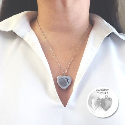 Memorial thumbprint heart locket with photos and engraving.