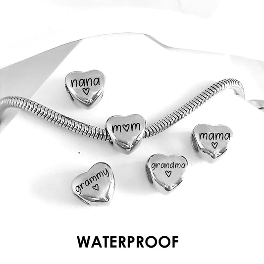 Engraved heart  charm bead for bracelet for mom and grandma