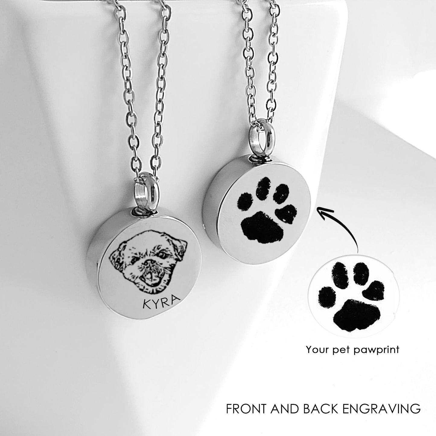 Pet portrait cremation urn necklace for ashes.