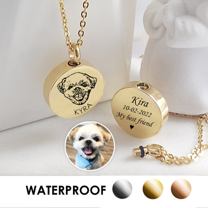 Pet portrait cremation urn necklace for ashes.