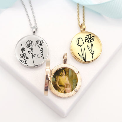 Personalized locket engraved with birth flowers for woman