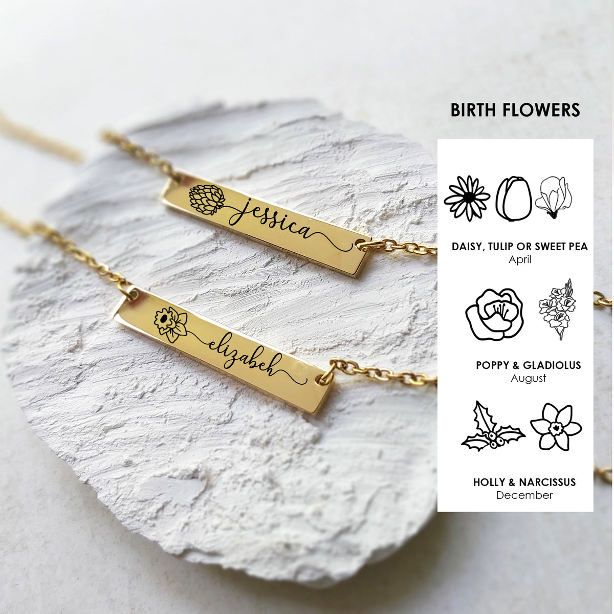 Collar personalizado con flor de nacimiento combinada.