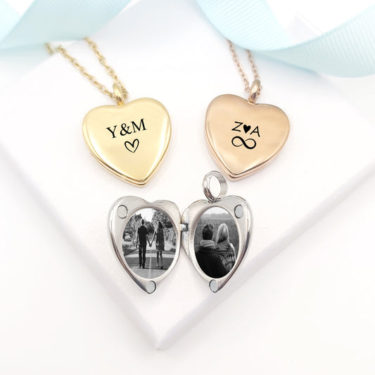 Anniversary locket with engraving and photos for her.