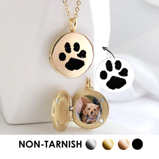 Paw print heart locket necklace with photo.