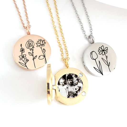Personalized locket engraved with birth flowers for woman