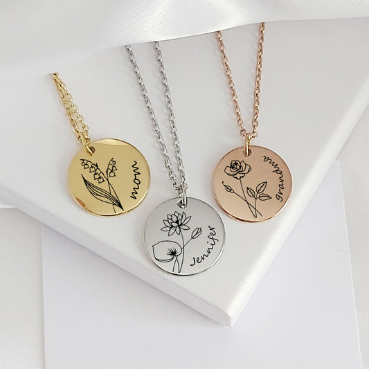 Personalized birth flower necklace with name.