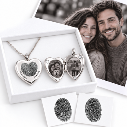 Medallón conmemorativo en forma de corazón con huella dactilar, fotos y grabado.