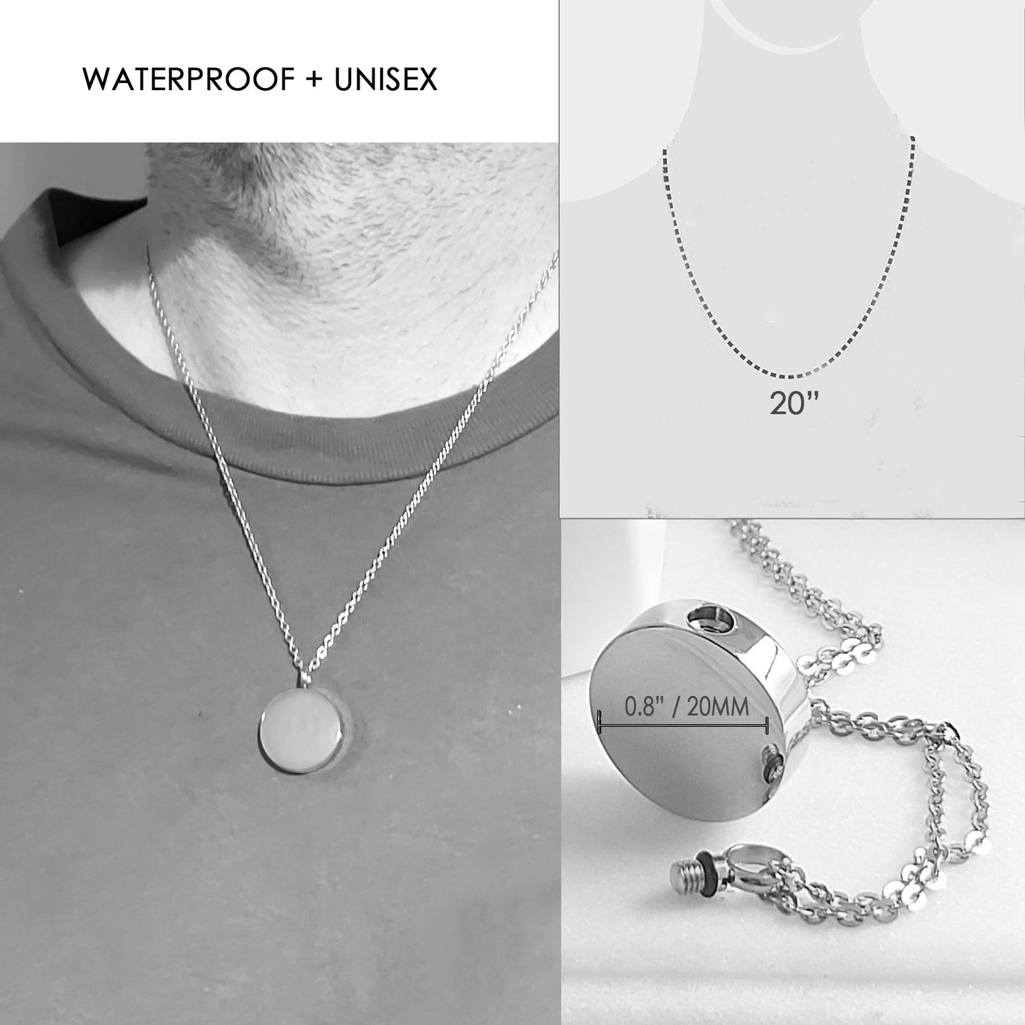 Engraved cremation round urn necklace for ashes.