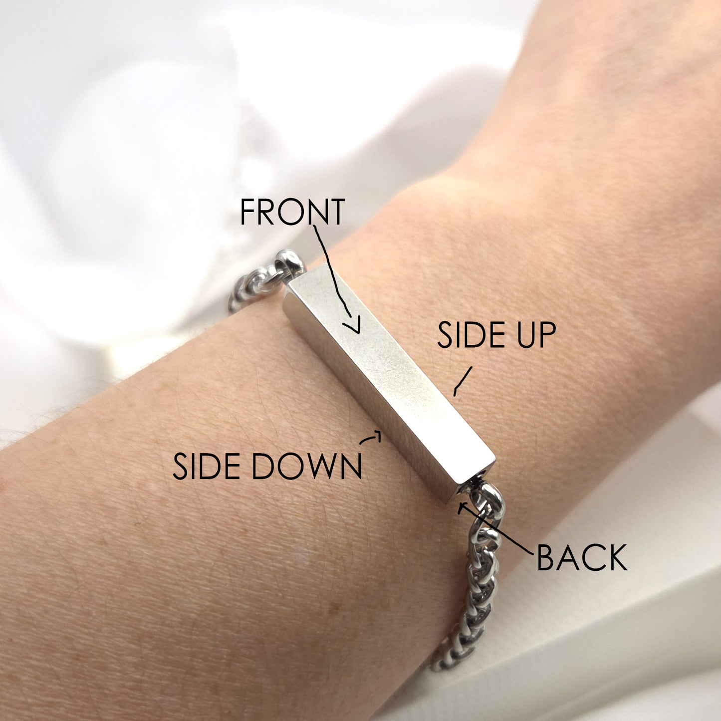 Four side bar urn bracelet for ashes engraved with custom handwriting