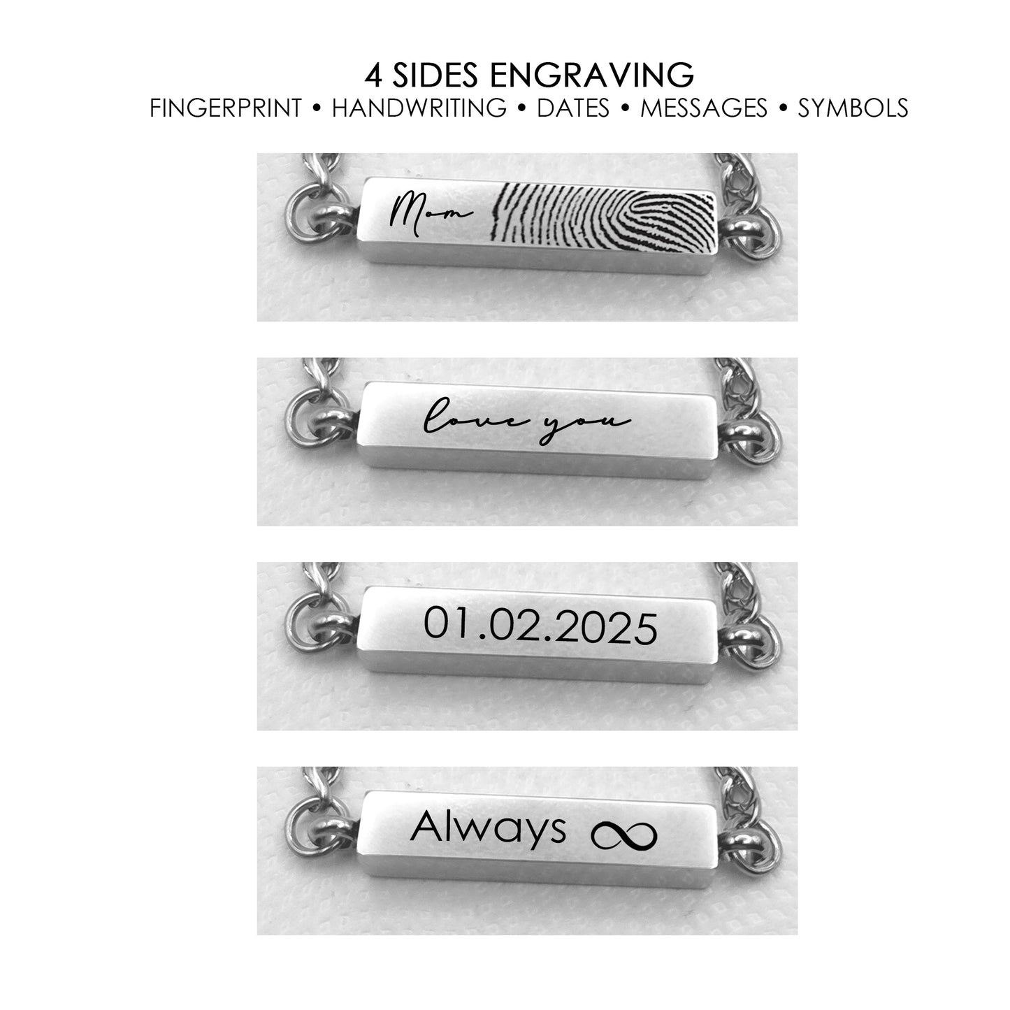 Handwriting and thumbprint bar urn bracelet for ashes.