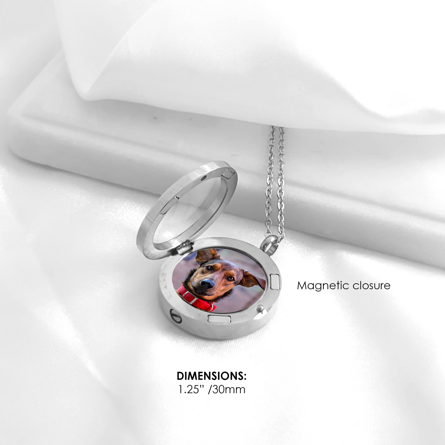 Pet paw print memorial locket with photos and urn for ashes.