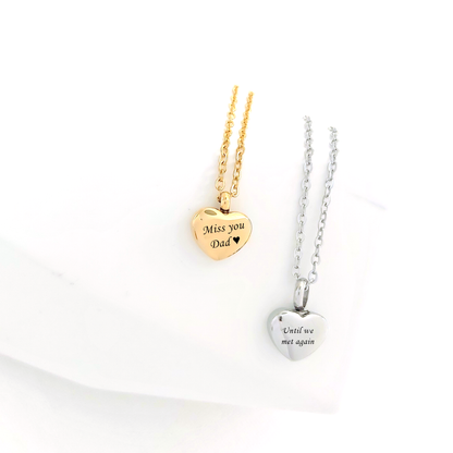 Engraved cremation heart urn necklace for ashes.