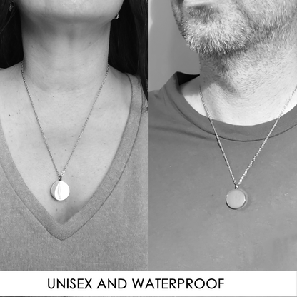 Engraved cremation round urn necklace for ashes.