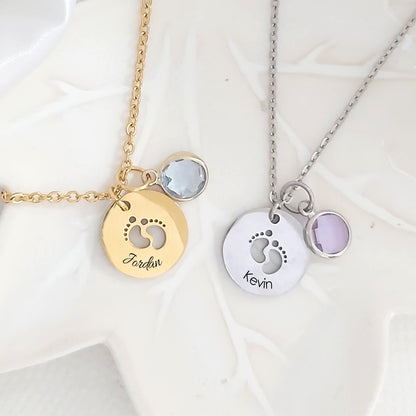 Custom footprint necklace engraved with baby name