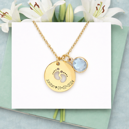 Custom footprint necklace engraved with baby name
