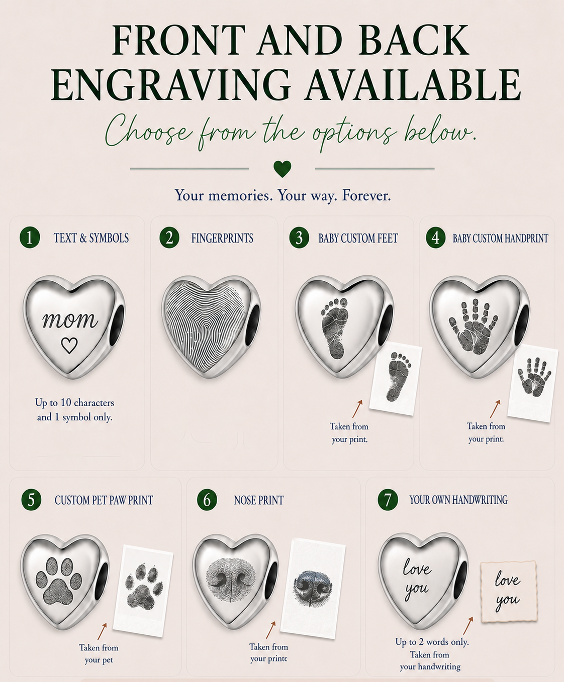 Heart urn charm for ashes compatible with Pandora bracelets, engraved with custom fingerprint