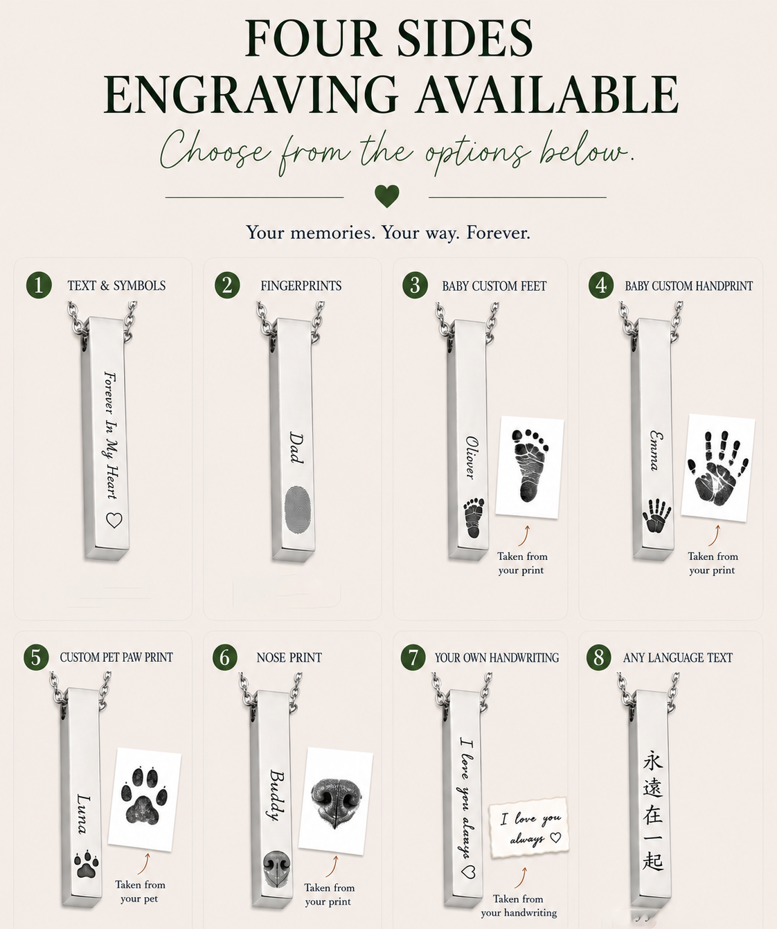 Four sides bar urn necklace for ashes, engraved with custom fingerprints