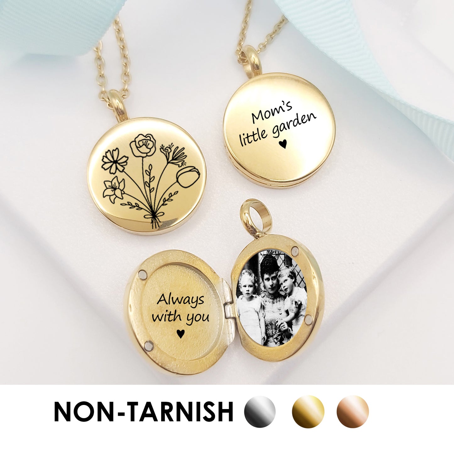 Birth flower bouquet locket with photo for mom.
