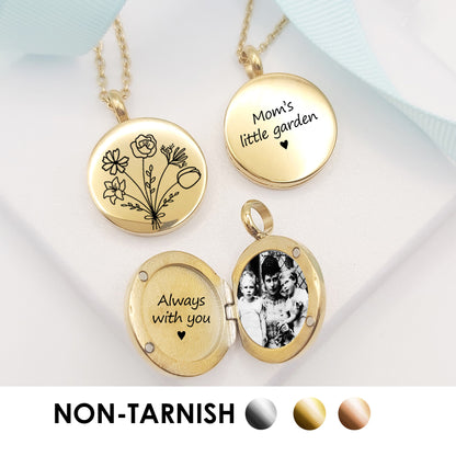 Birth flower bouquet locket with photo for mom.