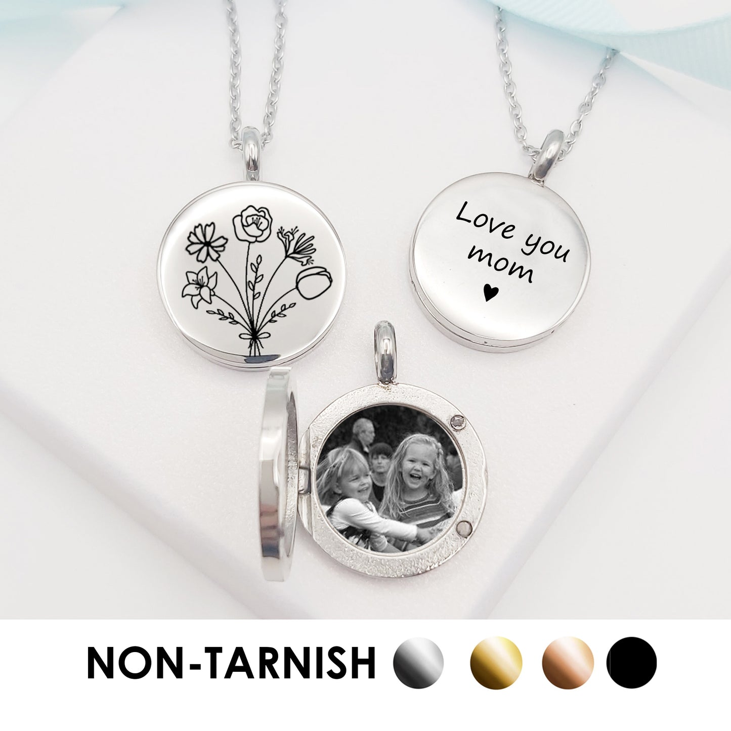 Birth flower bouquet locket with photo for mom.