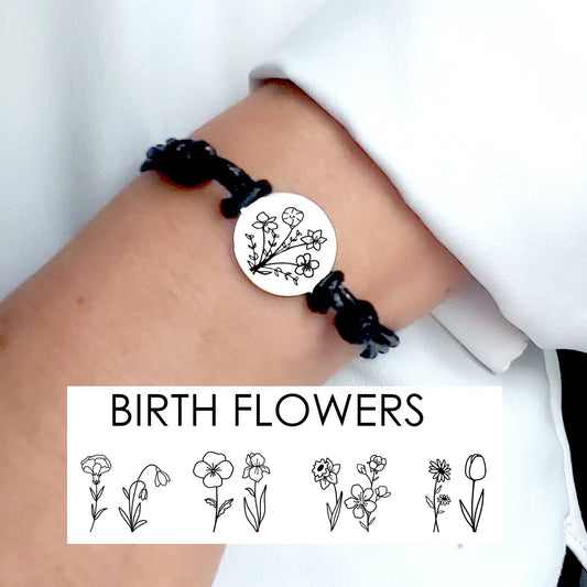 Bracelet with a circular charm featuring a birth flower bouquet on a wrist, with birth flower illustrations below.