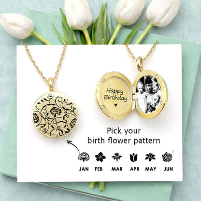 Médaillon gravé personnalisé avec fleur de naissance pour femme.