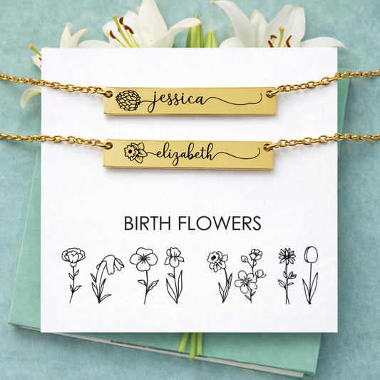 Birthday Bloom - Birth Flower Rectangle Necklace with Name