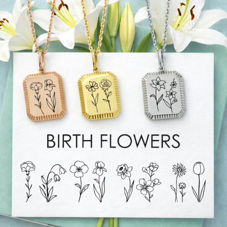Personalized birth flower necklace displayed in gold, rose gold, and silver finishes, featuring engraved floral designs on square pendants with textured edges. Each necklace represents a unique birth month flower, symbolizing love, identity, and connection. Shown on a clean white card labeled “Birth Flowers” with delicate floral illustrations, styled with white lilies and a soft mint background. Custom engraved jewelry gift for mom, grandma, daughter, or meaningful birthday keepsake.