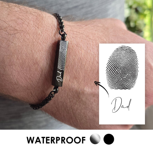 Handwriting and thumbprint bar urn bracelet for ashes.
