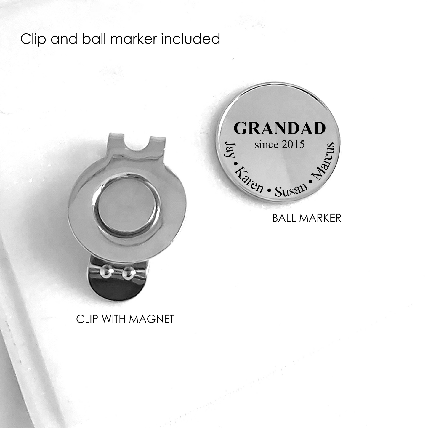 Personalized golf marker engraved with names, dates, handwriting or images.