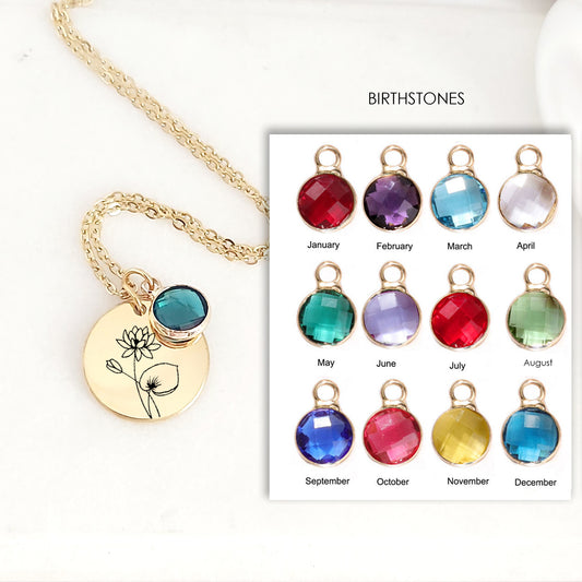 Personalized birth flower necklace with birthstone