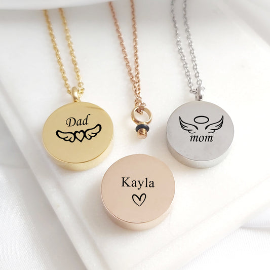 Engraved cremation round urn necklace for ashes.