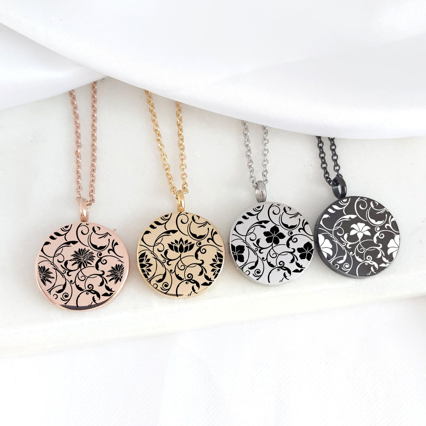 Custom engraved locket with birth flower for woman.