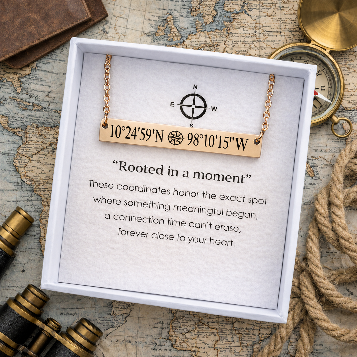 Personalized gold coordinates bar necklace engraved with custom GPS coordinates and a compass symbol, displayed in a premium gift box on a vintage world map background. This meaningful stainless steel necklace symbolizes the exact place where love began, a proposal, wedding, anniversary, first kiss, travel memory, or unforgettable life moment. Custom coordinates necklace gift for couples, boyfriend, girlfriend, husband, wife, long-distance relationships, weddings, anniversaries, Valentine's Day, birthdays, 
