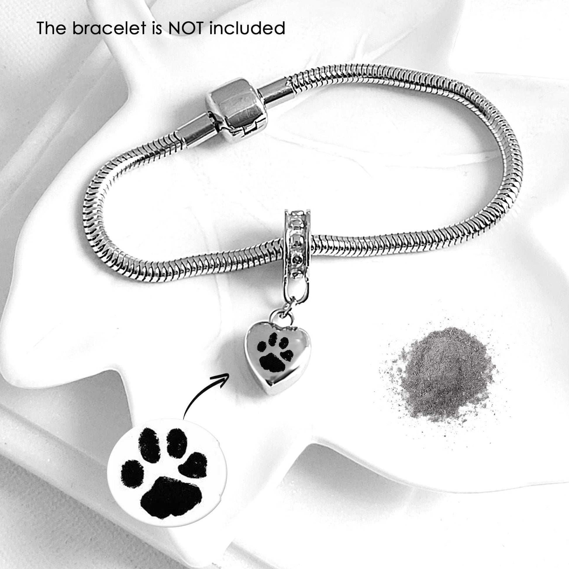 Silver bracelet with paw print charm on a white background