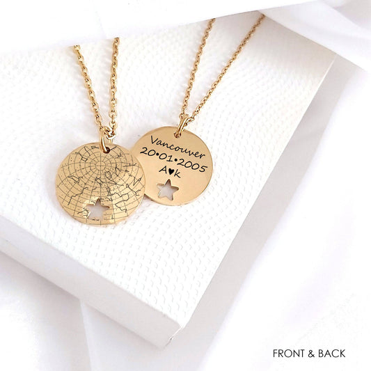 coin gold necklace with a star cut out engraved with a custom star map and a message