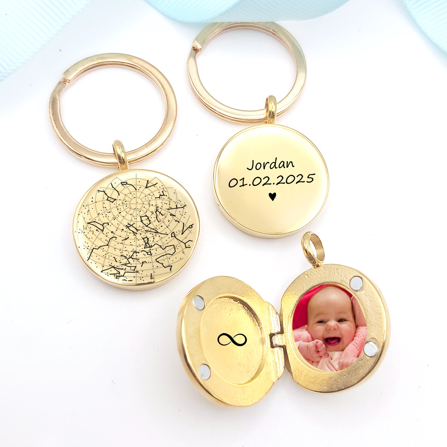 Star map keychain locket the day your kid was born.