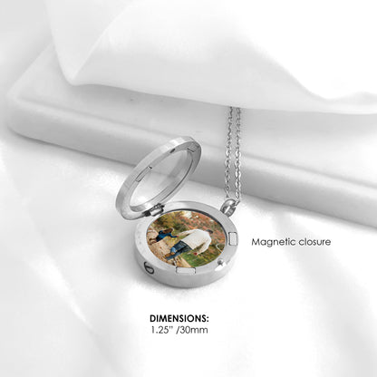 Memorial handwriting locket with photos and urn for ashes.