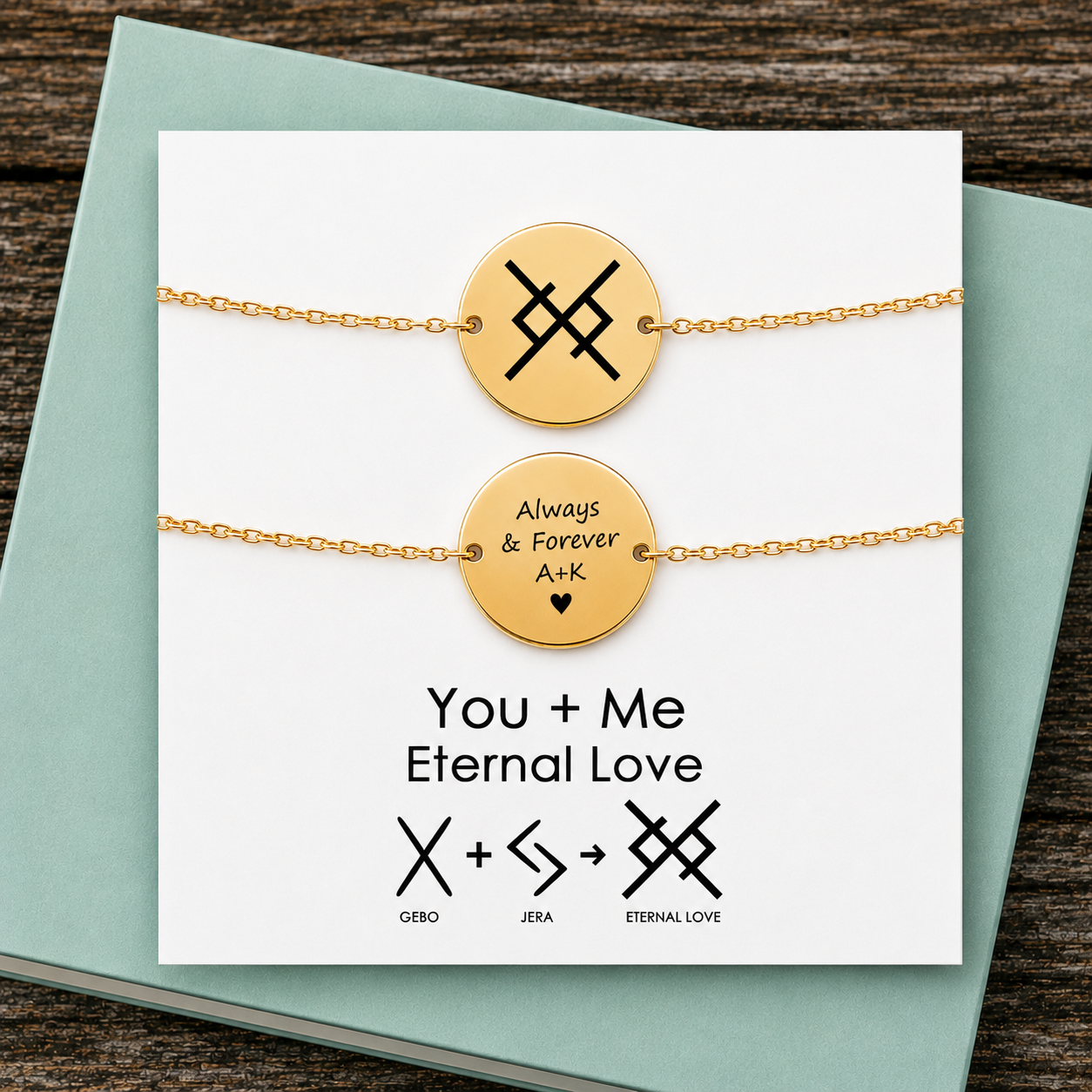 Personalized Eternal Love Viking Symbol bracelet engraved with the Norse Eternal Love rune, created from the union of the Gebo and Jera runes, symbolizing everlasting love, loyalty, unity, and an unbreakable bond. This custom gold bracelet features optional personalized engraving with names, initials, dates, or a heartfelt message, making it a meaningful anniversary gift, wedding gift, Valentine's Day gift, or romantic keepsake for couples, husband, wife, boyfriend, or girlfriend.